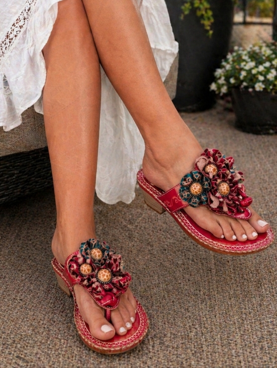Elite By Corkys Shoes - Corkys Red Leather Floral Sandals Beaded Boho Wedge Thong Size 9